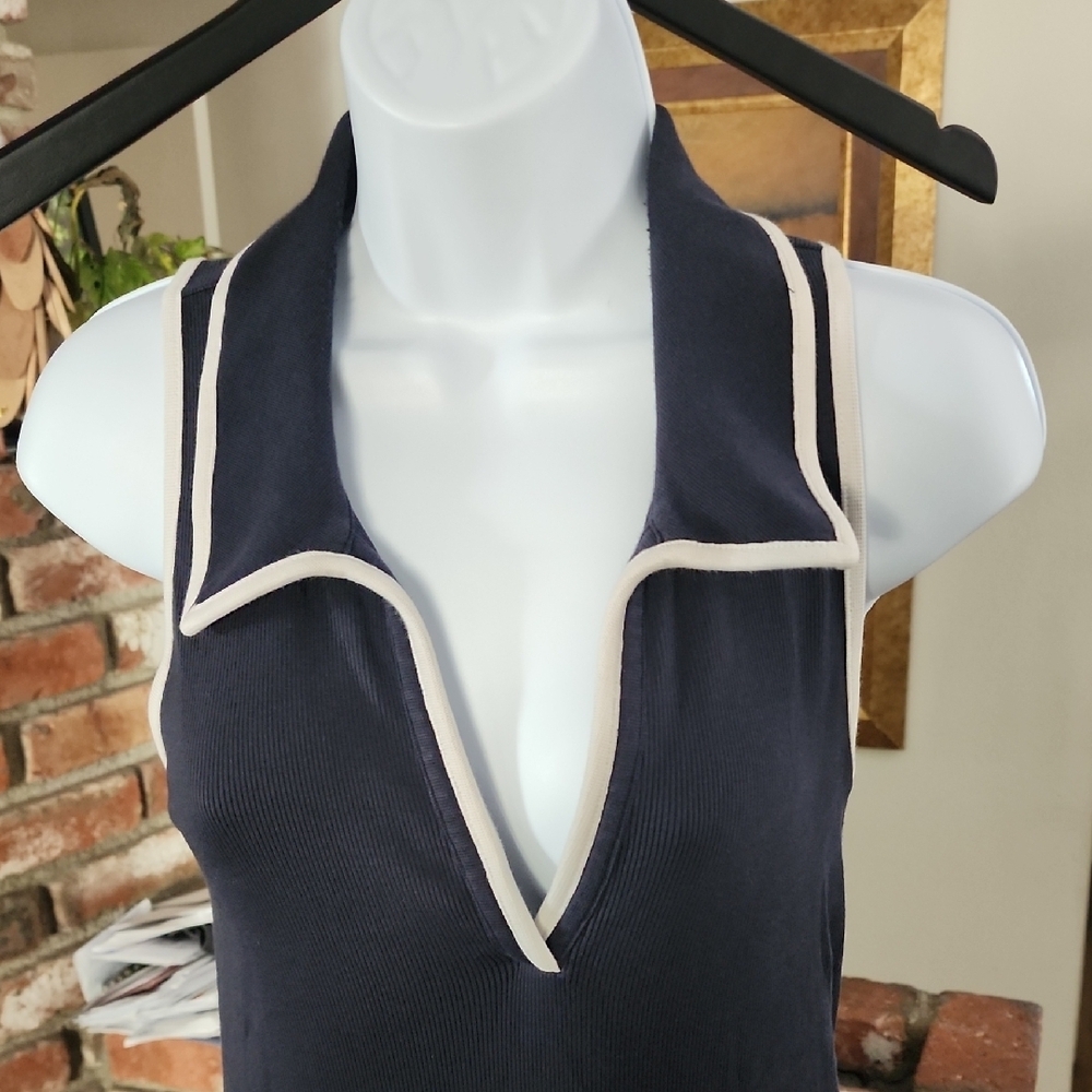 Veronica Beard Navy Halter Maxi Dress White Trim Elegant Minimalist - Picture 3 of 11